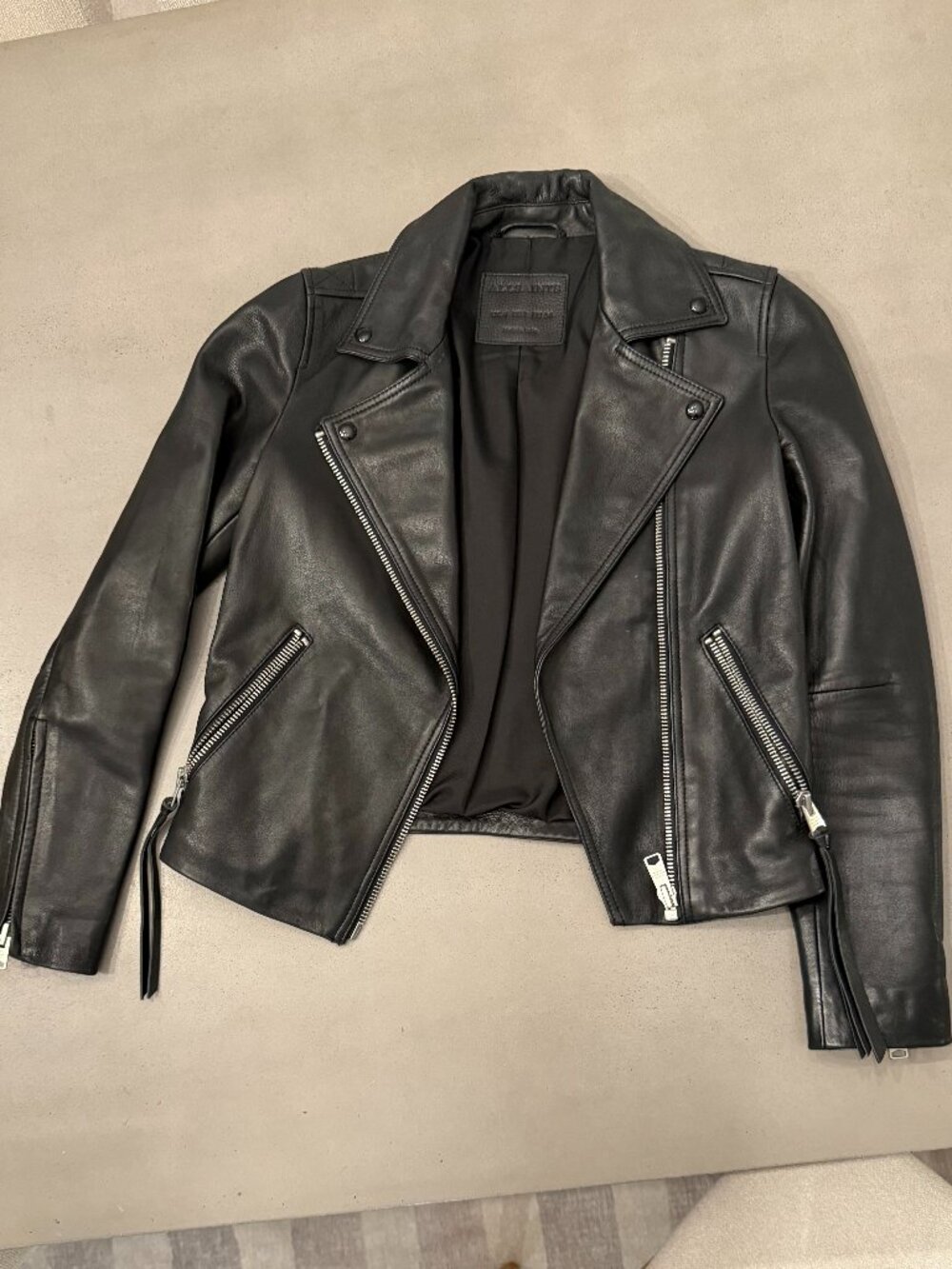 AllSaints Balfern Black Leather Moto Biker Jacket, Size US 2